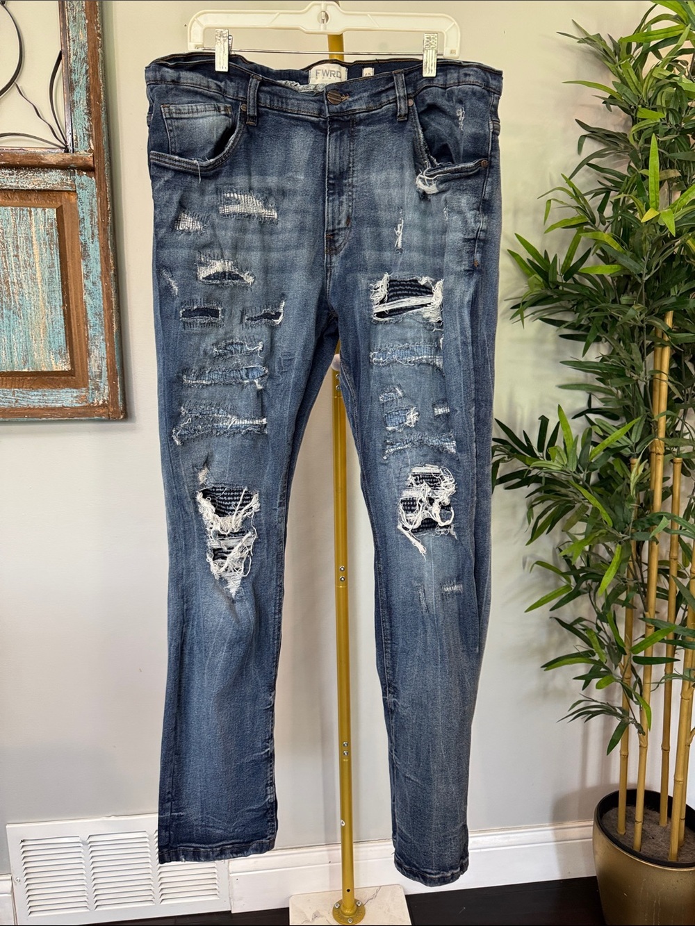 FRWD denim Distressed moto Dark Blue Ripped Jeans 40